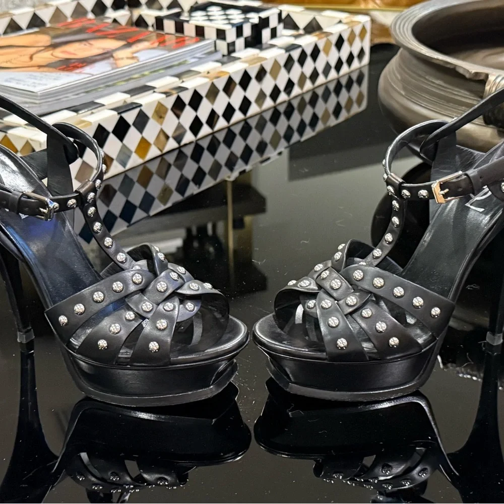 Saint Laurent TRIBUTE SILVER STUDDED Sandals RARE/ EUC - Picture 8 of 14